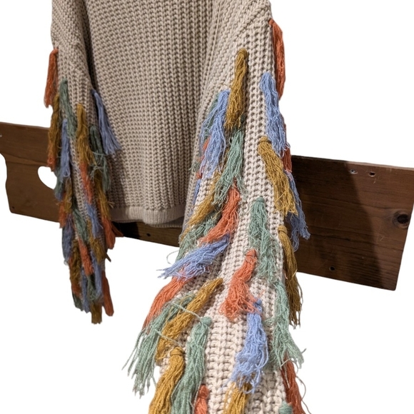 Blue B Collection Tan Knit Sweater With Multi Colored Fringe On Sleeves, Size M. - Picture 4 of 9
